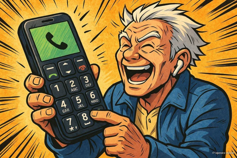 Personne âgée heureuse avec téléphone simplifié