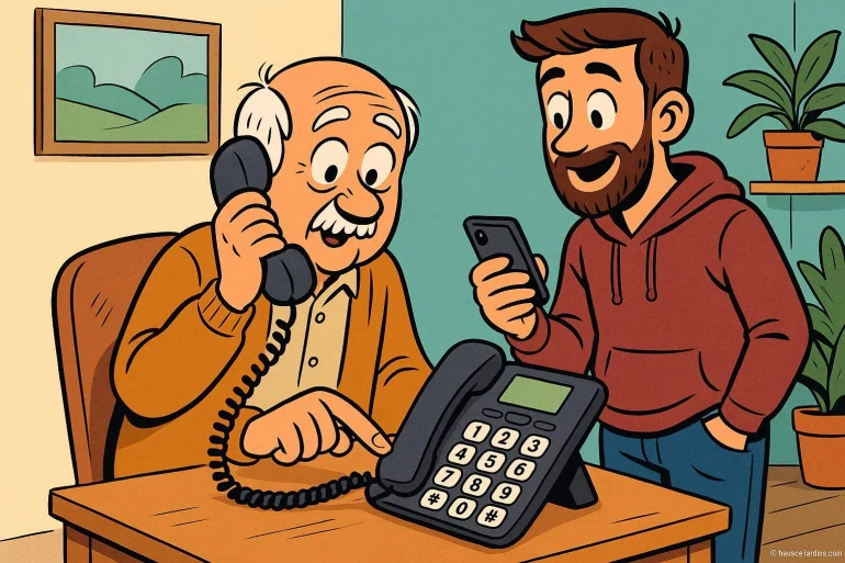 Jeune homme aide senior avec téléphone fixe