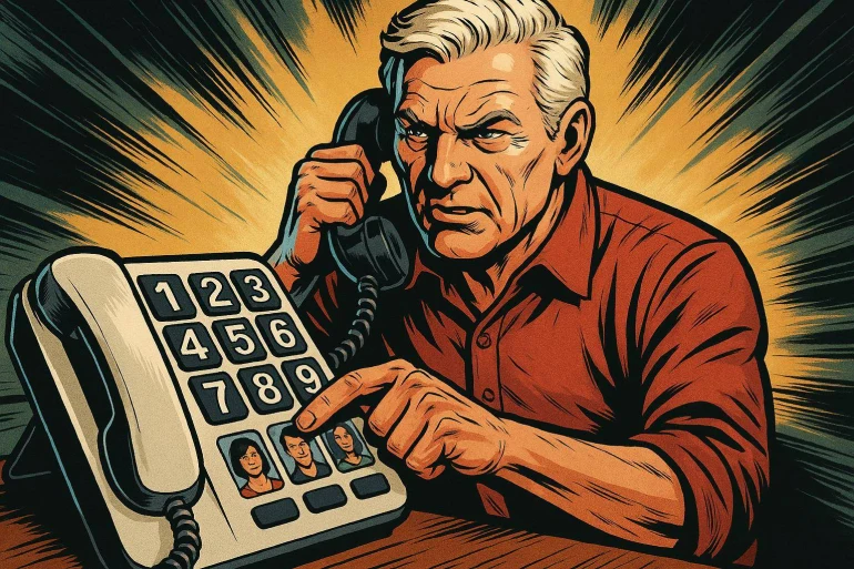 Homme utilisant téléphone à touches avec photos