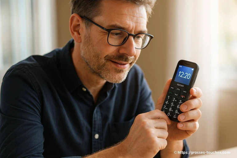 Homme utilisant un téléphone à grosses touches