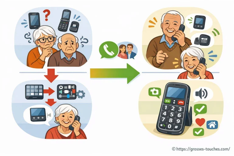 Seniors utilisant téléphone simplifié